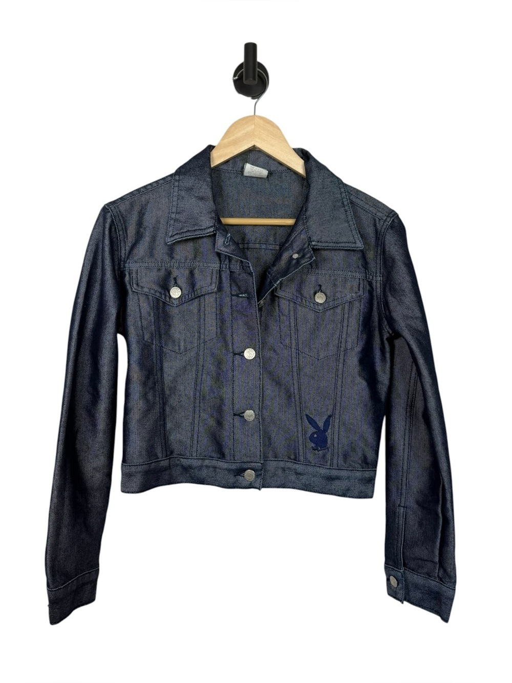Playboy Denim Jacket Womens Medium Shiny Dark Wash Cropped Bunny Patch